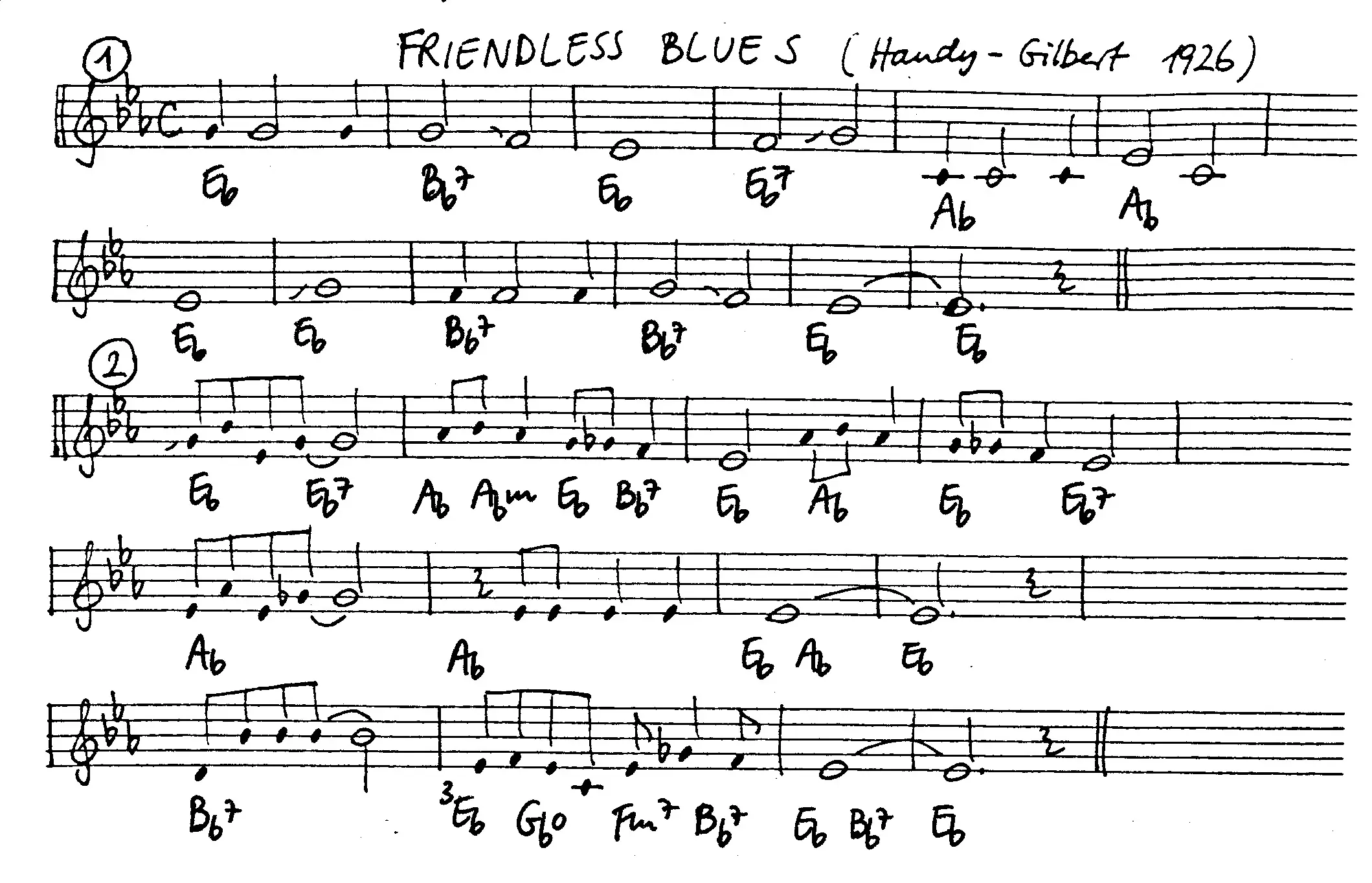 Free Jazz Leadsheet for friendless blues, Eb Major ,courtesy of The Jungle Jazz Band
